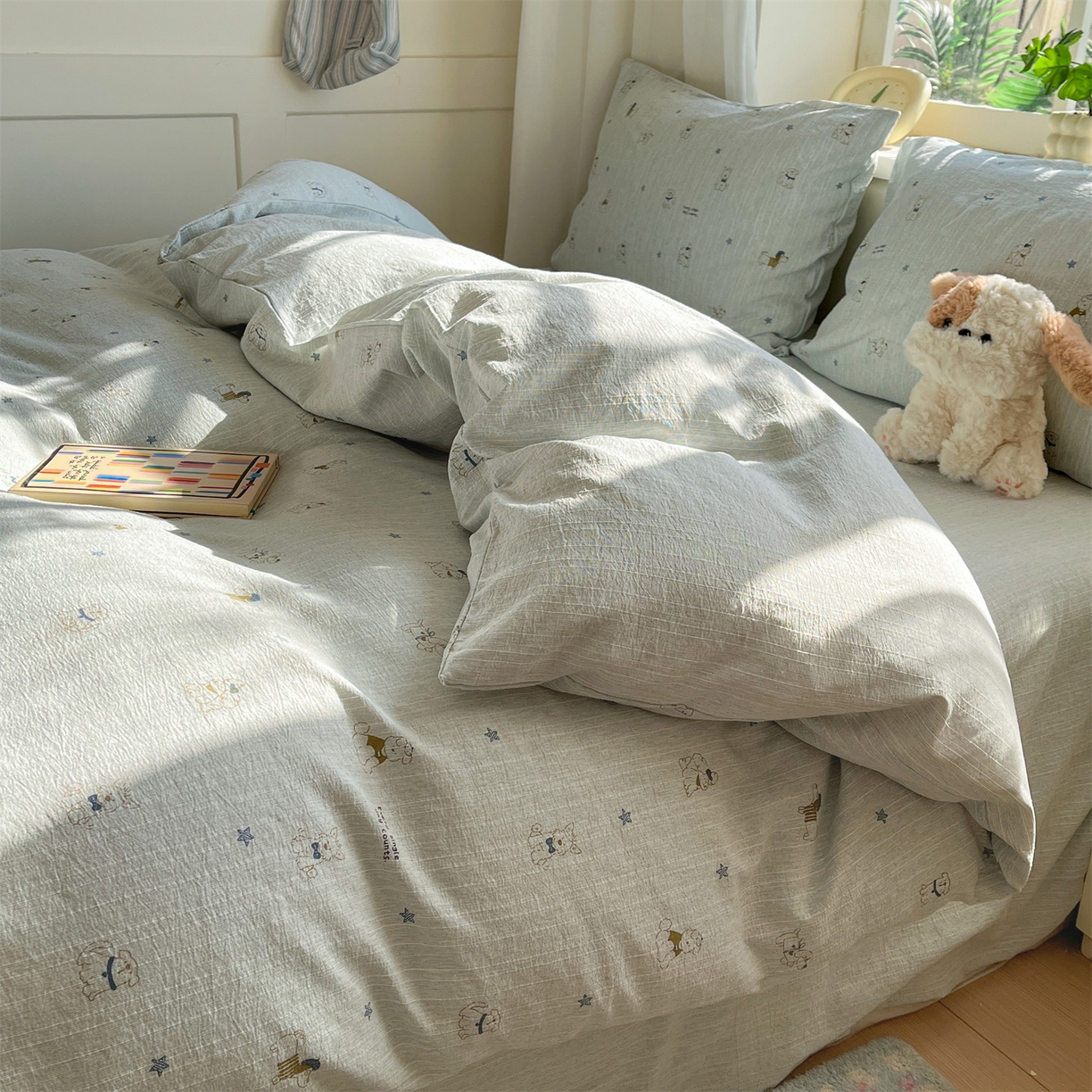 91家纺网 家纺一手货源 找家纺 盛秋家纺 2026春夏新款亲肤舒适色织四件套-洛基系列 星狗+抹茶