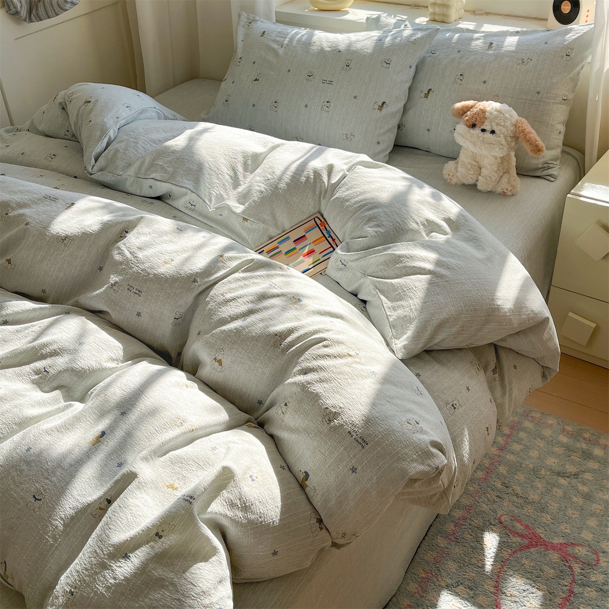 91家纺网 家纺一手货源 找家纺 盛秋家纺 2026春夏新款亲肤舒适色织四件套-洛基系列 星狗+抹茶