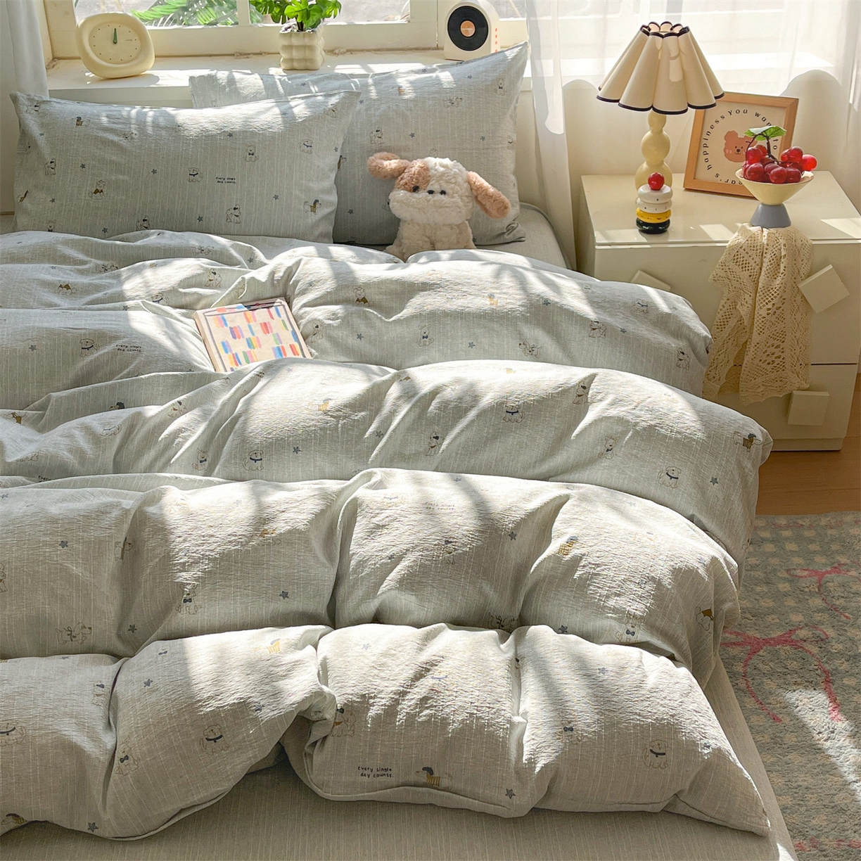 91家纺网 家纺一手货源 找家纺 盛秋家纺 2026春夏新款亲肤舒适色织四件套-洛基系列 星狗+抹茶