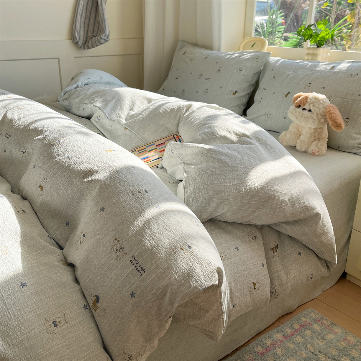 91家纺网 家纺一手货源 找家纺 盛秋家纺 2026春夏新款亲肤舒适色织四件套-洛基系列 星狗+抹茶