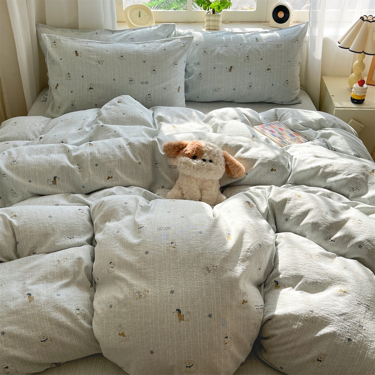 91家纺网 家纺一手货源 找家纺 盛秋家纺 2026春夏新款亲肤舒适色织四件套-洛基系列 星狗+抹茶