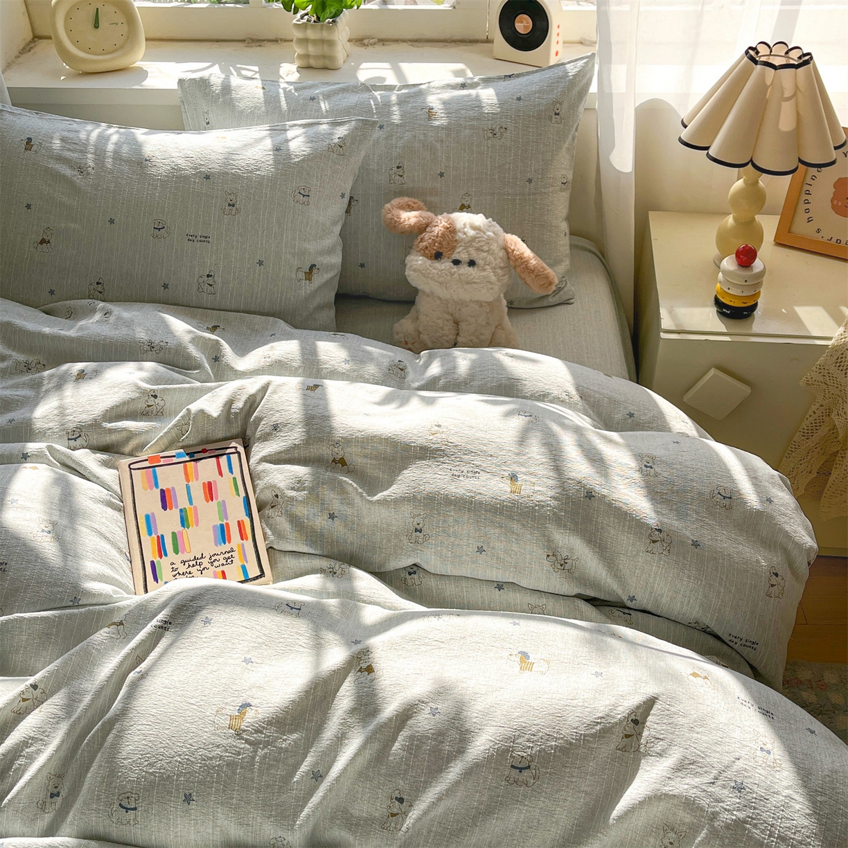 91家纺网 家纺一手货源 找家纺 盛秋家纺 2026春夏新款亲肤舒适色织四件套-洛基系列 星狗+抹茶