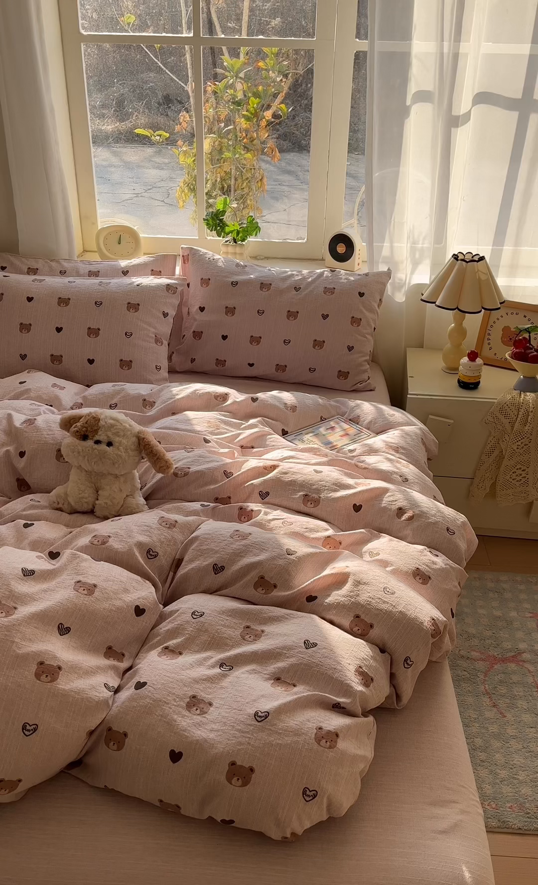 91家纺网 家纺一手货源 找家纺 盛秋家纺 2026春夏新款亲肤舒适色织四件套-洛基系列 邦尼熊+玫瑰粉