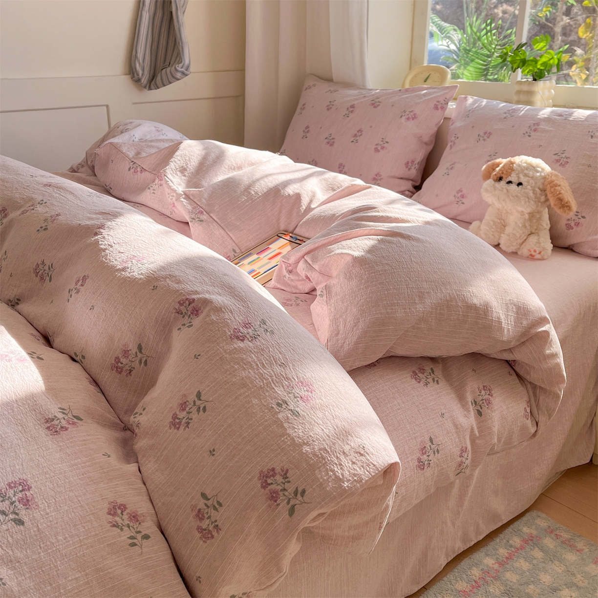 91家纺网 家纺一手货源 找家纺 盛秋家纺 2026春夏新款亲肤舒适色织四件套-洛基系列 云溪+玫瑰粉