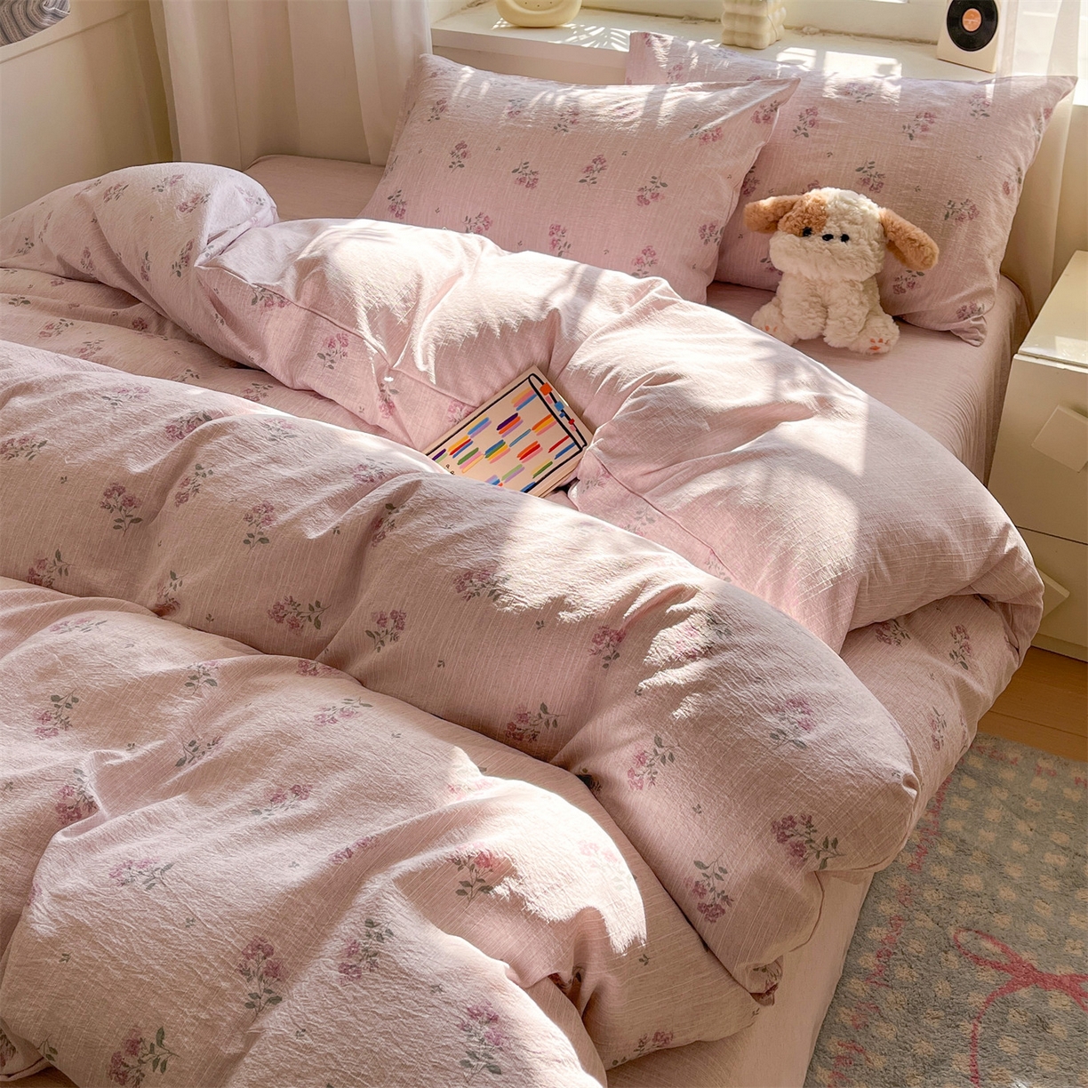 91家纺网 家纺一手货源 找家纺 盛秋家纺 2026春夏新款亲肤舒适色织四件套-洛基系列 云溪+玫瑰粉