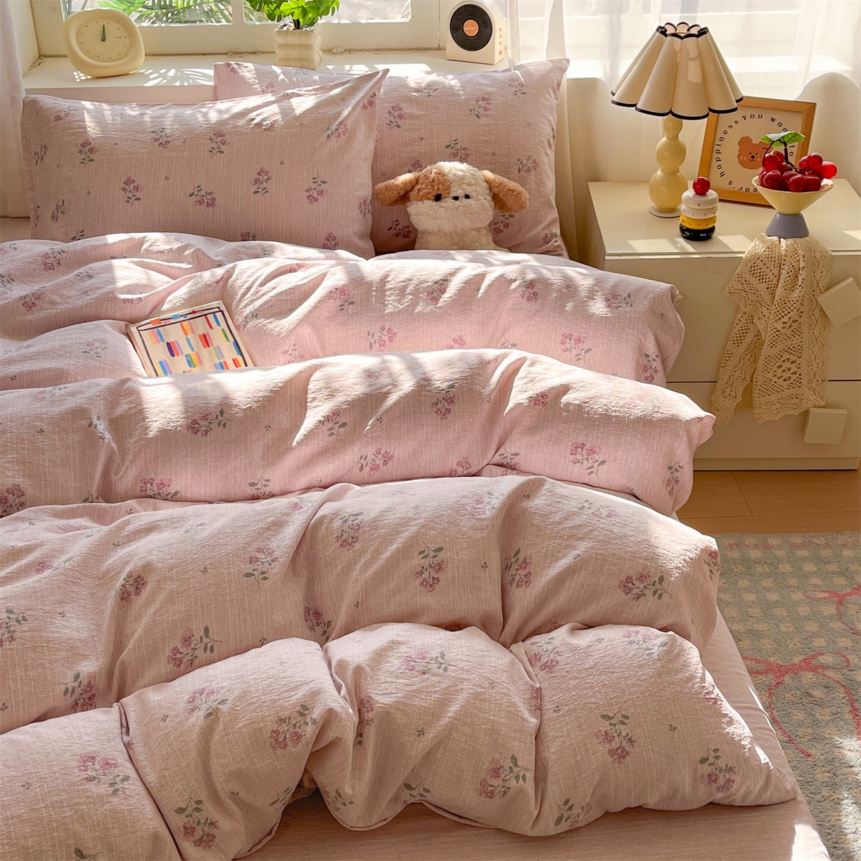 91家纺网 家纺一手货源 找家纺 盛秋家纺 2026春夏新款亲肤舒适色织四件套-洛基系列 云溪+玫瑰粉