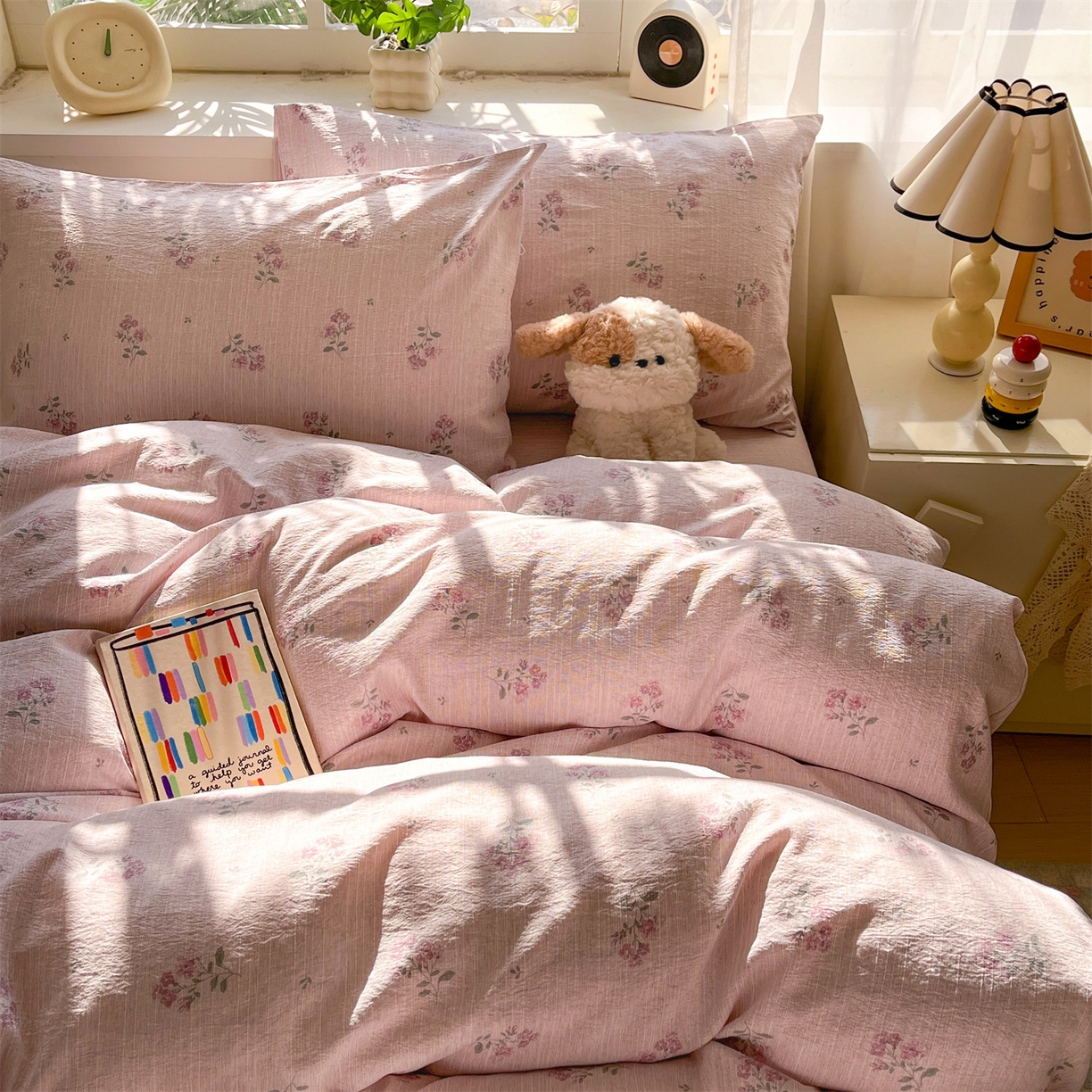 91家纺网 家纺一手货源 找家纺 盛秋家纺 2026春夏新款亲肤舒适色织四件套-洛基系列 云溪+玫瑰粉