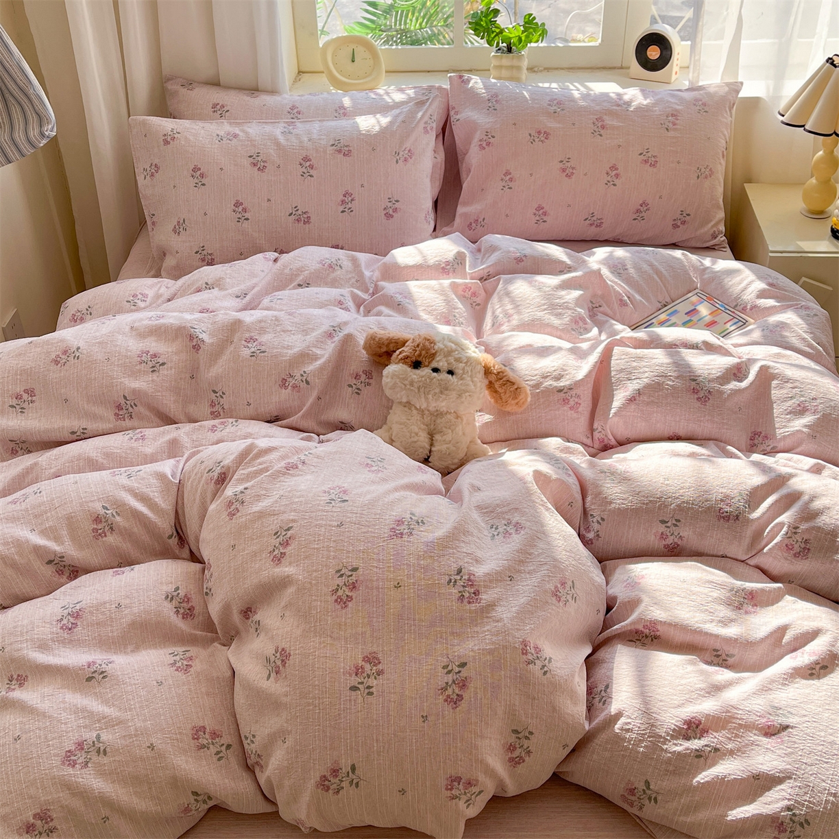 91家纺网 家纺一手货源 找家纺 盛秋家纺 2026春夏新款亲肤舒适色织四件套-洛基系列 云溪+玫瑰粉