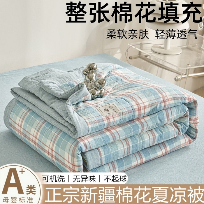 爱屋及屋 2026新款无印风新疆棉花夏被夏凉被被子被芯 青年蓝格