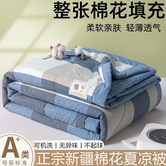 爱屋及屋 2026新款无印风新疆棉花夏被夏凉被被子被芯 蓝咖大格