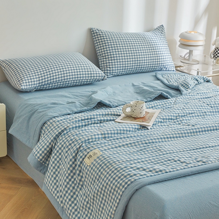 91家纺网 家纺一手货源 找家纺 爱屋及屋 2026新款无印风新疆棉花夏被夏凉被被子被芯 蓝小格