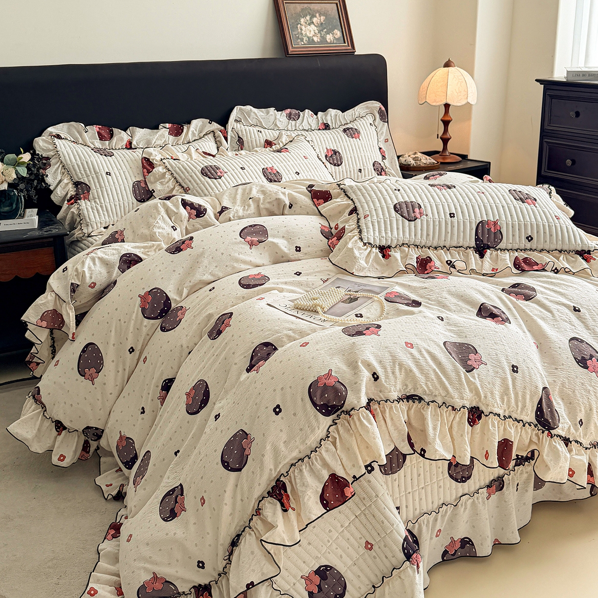 眠势力 2026新款双层纱花边床盖四件套加厚夹棉云感皱皱纱大花边床单套件赫本风 乌梅子酱