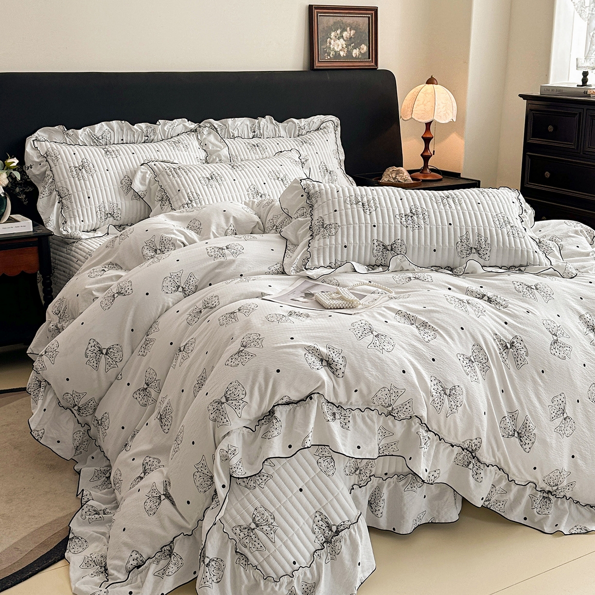 眠势力 2026新款双层纱花边床盖四件套加厚夹棉云感皱皱纱大花边床单套件赫本风 墨羽蝶影