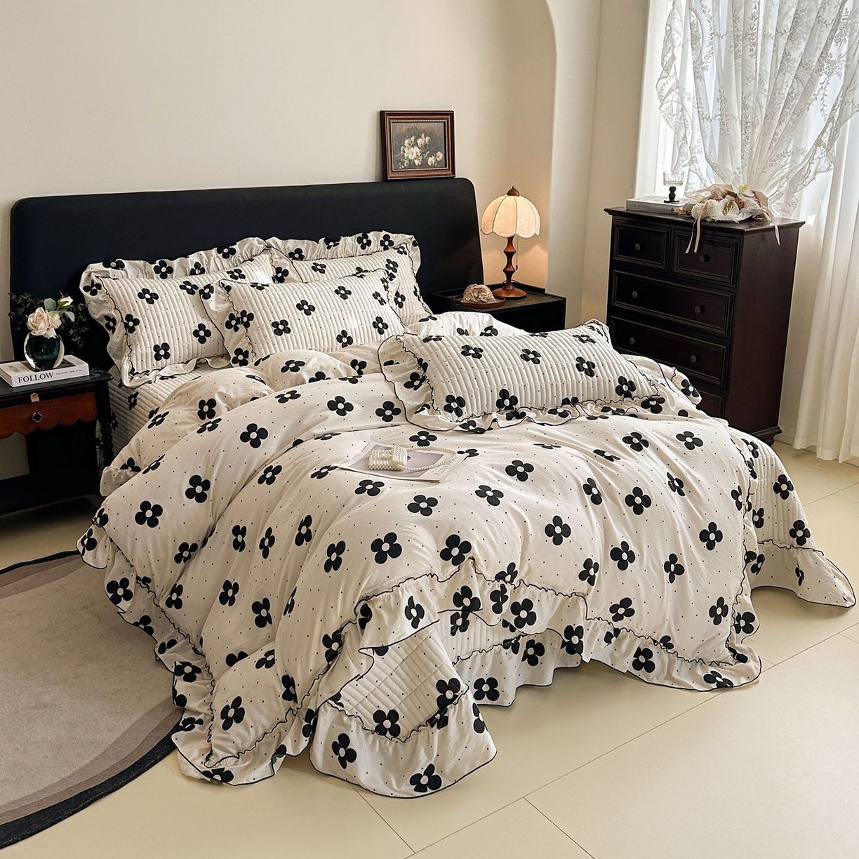 91家纺网 家纺一手货源 找家纺 眠势力 2026新款双层纱花边床盖四件套加厚夹棉云感皱皱纱大花边床单套件赫本风 宝格风情