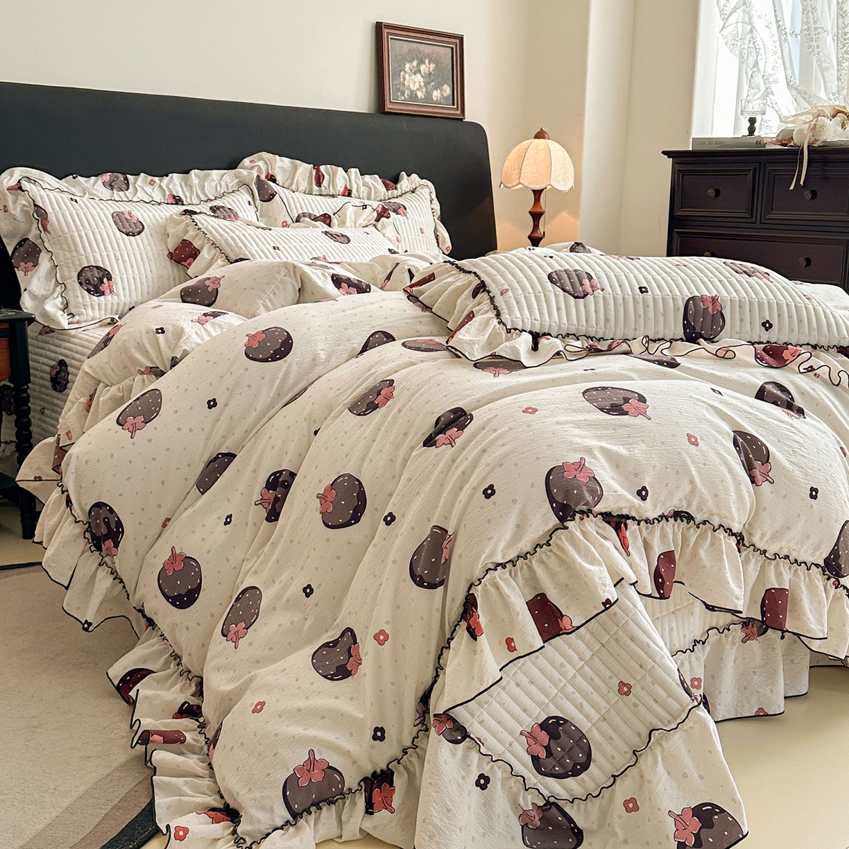 91家纺网 家纺一手货源 找家纺 眠势力 2026新款双层纱花边床盖四件套加厚夹棉云感皱皱纱大花边床单套件赫本风 乌梅子酱