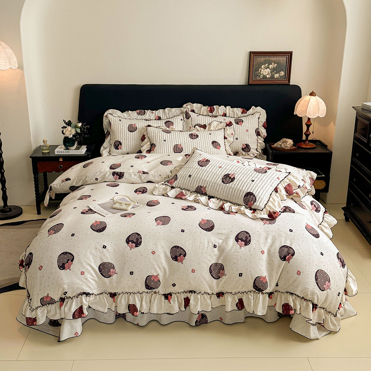 91家纺网 家纺一手货源 找家纺 眠势力 2026新款双层纱花边床盖四件套加厚夹棉云感皱皱纱大花边床单套件赫本风 乌梅子酱