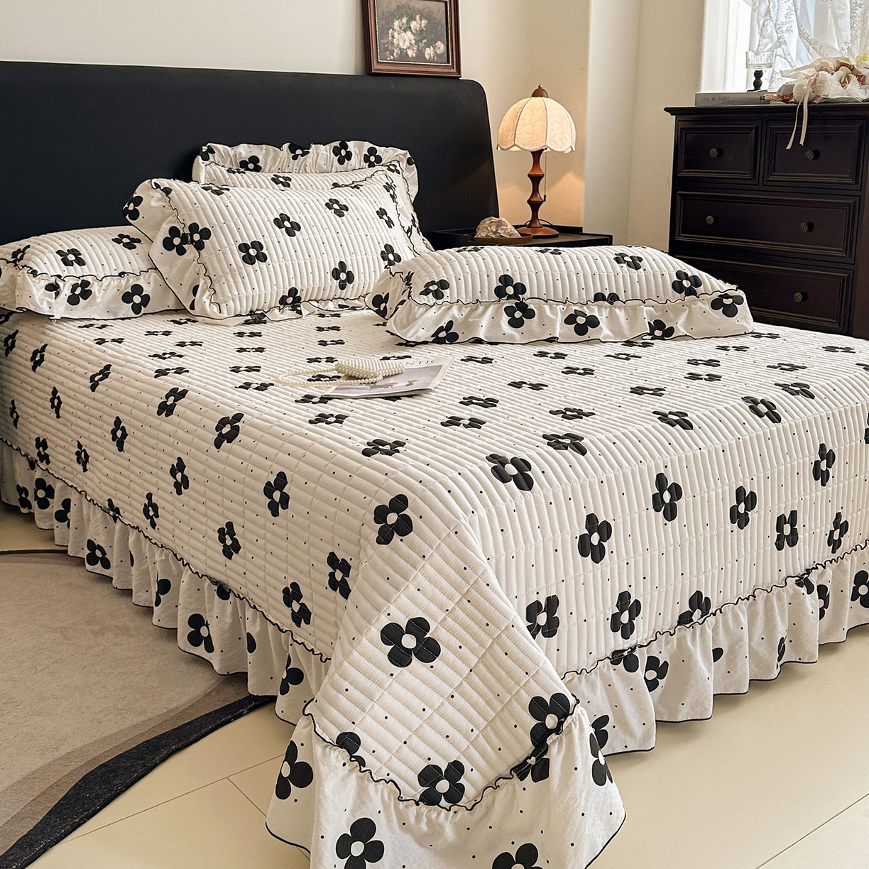 91家纺网 家纺一手货源 找家纺 眠势力 2026新款双层纱花边床盖四件套加厚夹棉云感皱皱纱大花边床单套件赫本风 宝格风情