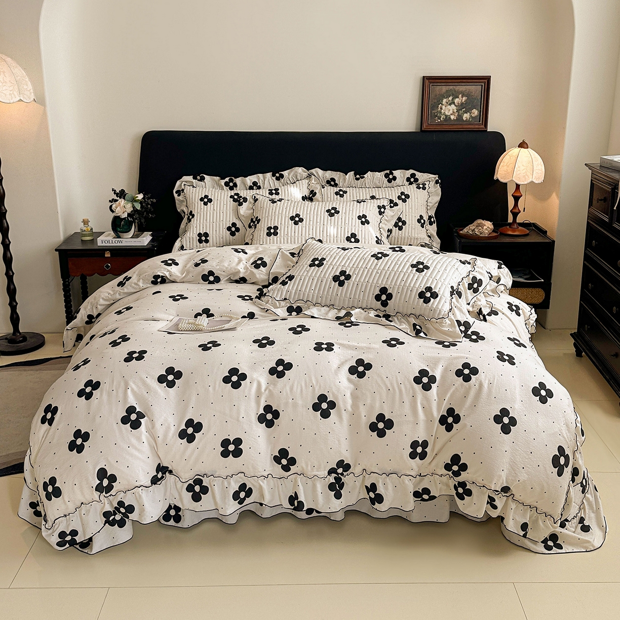 91家纺网 家纺一手货源 找家纺 眠势力 2026新款双层纱花边床盖四件套加厚夹棉云感皱皱纱大花边床单套件赫本风 宝格风情