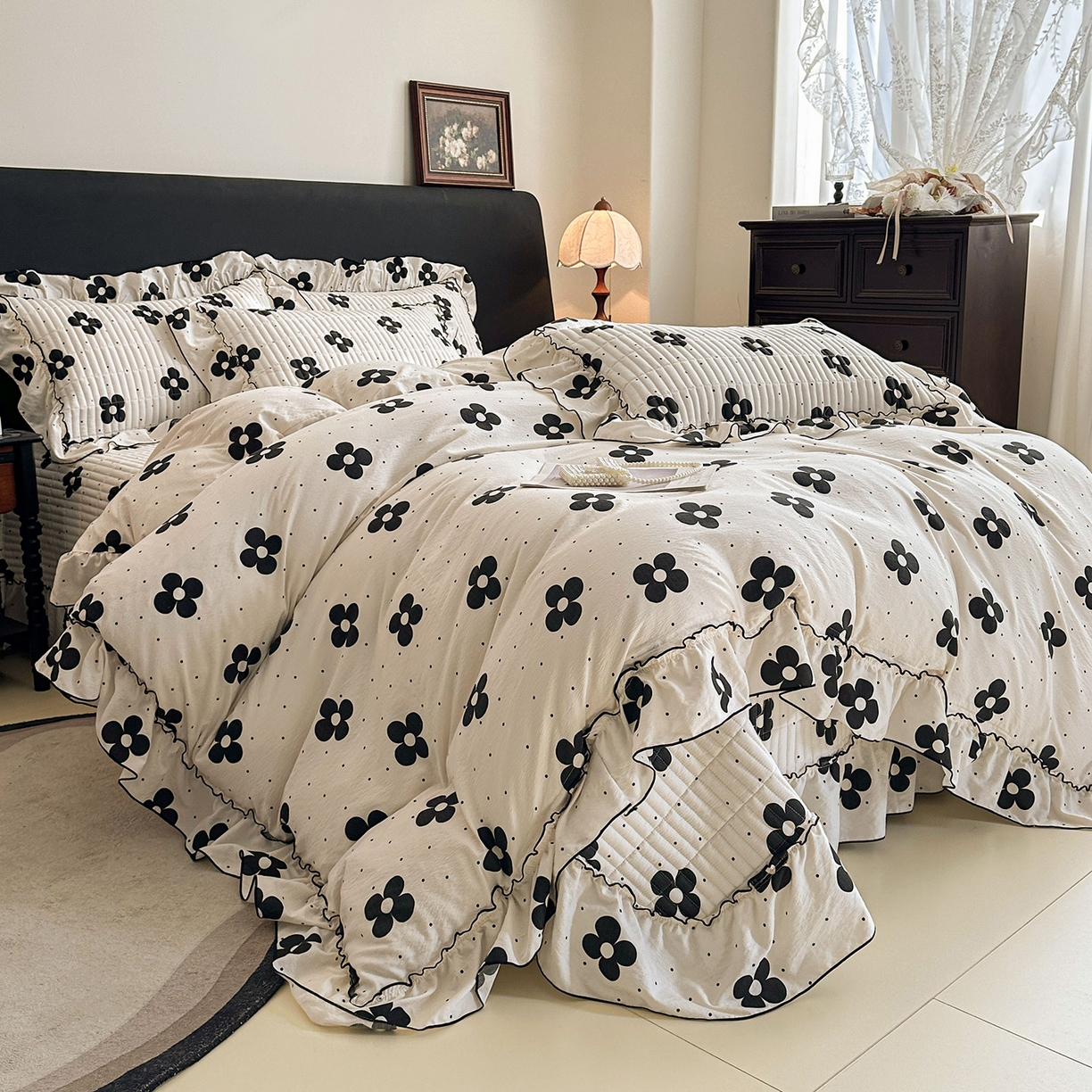 91家纺网 家纺一手货源 找家纺 眠势力 2026新款双层纱花边床盖四件套加厚夹棉云感皱皱纱大花边床单套件赫本风 宝格风情