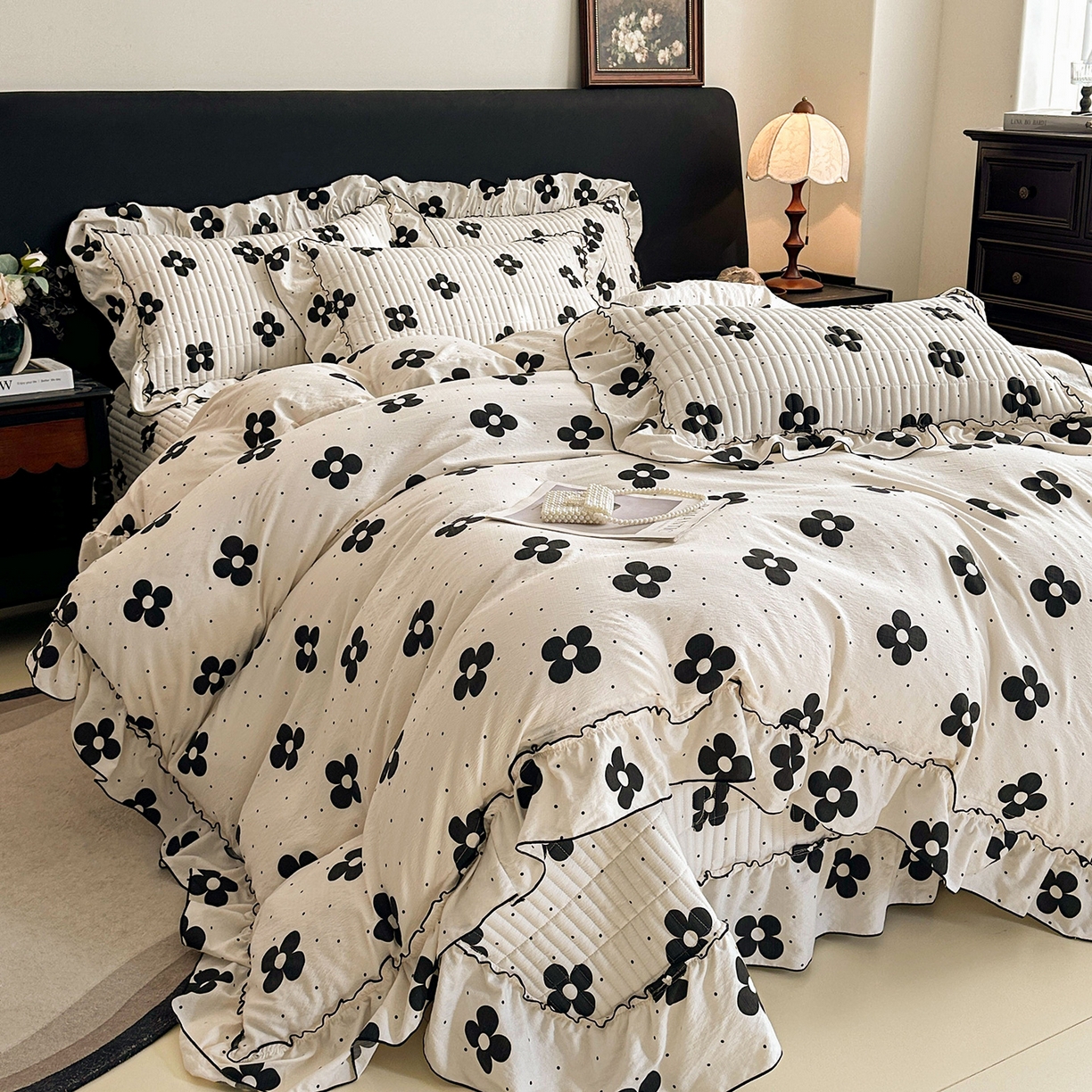 91家纺网 家纺一手货源 找家纺 （总）眠势力 2026新款双层纱花边床盖四件套加厚夹棉云感皱皱纱大花边床单套件赫本风