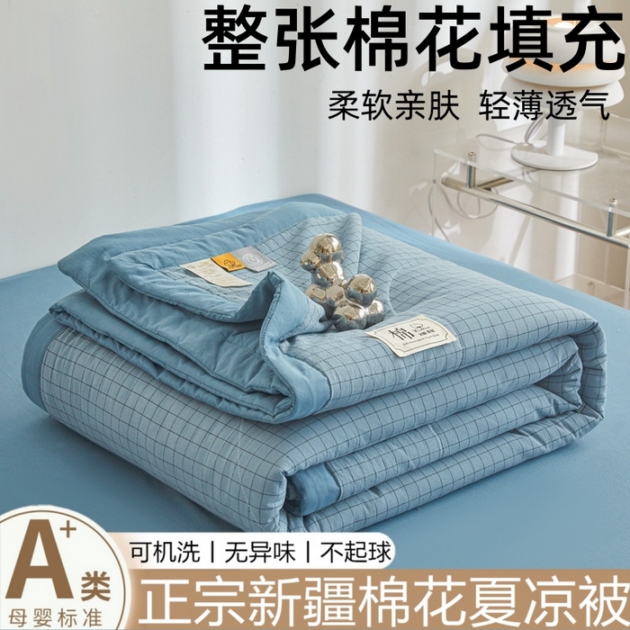 爱屋及屋 2026新款无印风新疆棉花夏被夏凉被被子被芯 雾蓝格