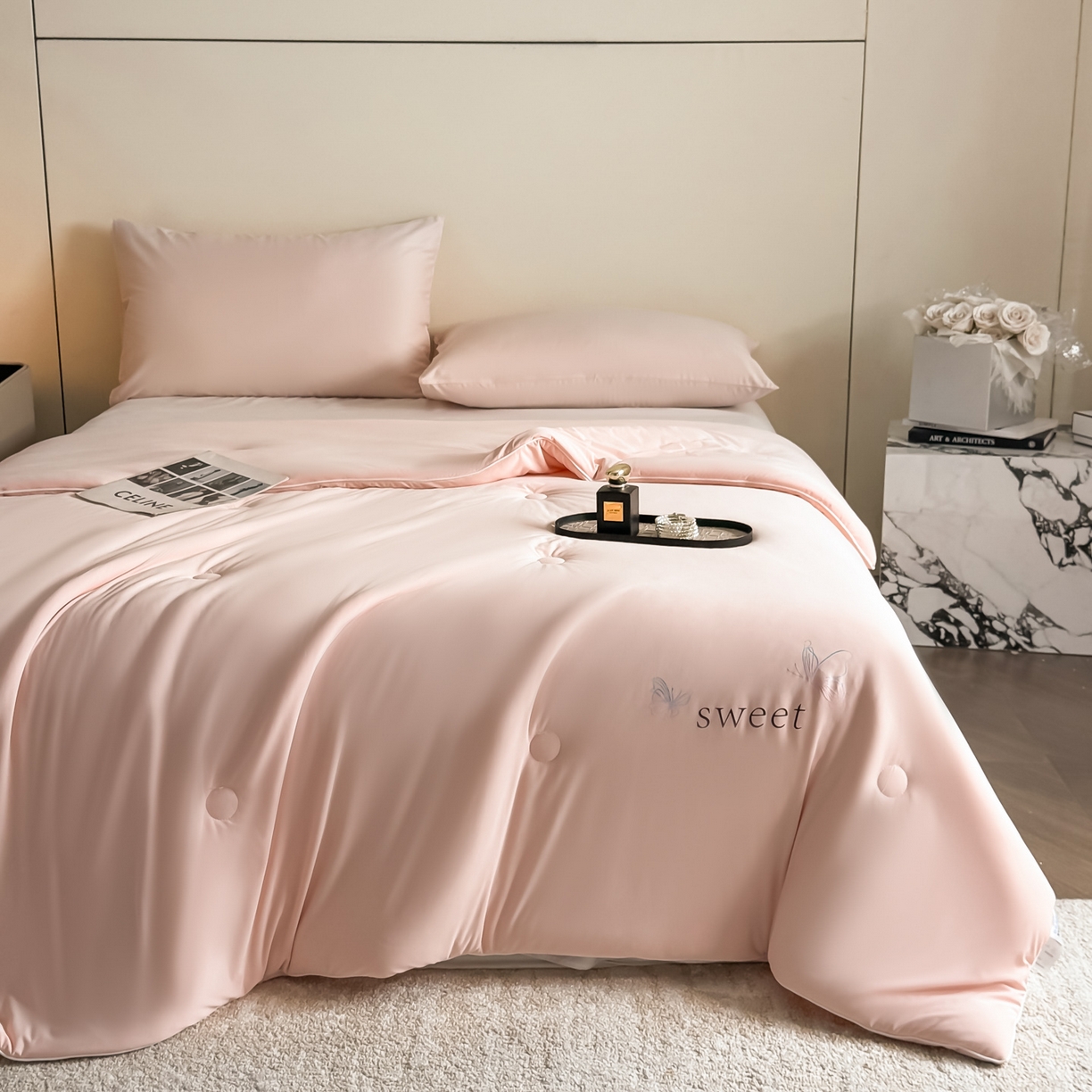 91家纺网 家纺一手货源 找家纺 遇见家居生活馆 2026新款凉感丝夏被夏凉被空调被-夏沫 夏沫-嫩粉蝴蝶