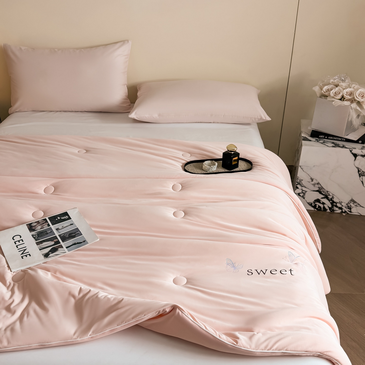 91家纺网 家纺一手货源 找家纺 遇见家居生活馆 2026新款凉感丝夏被夏凉被空调被-夏沫 夏沫-嫩粉蝴蝶