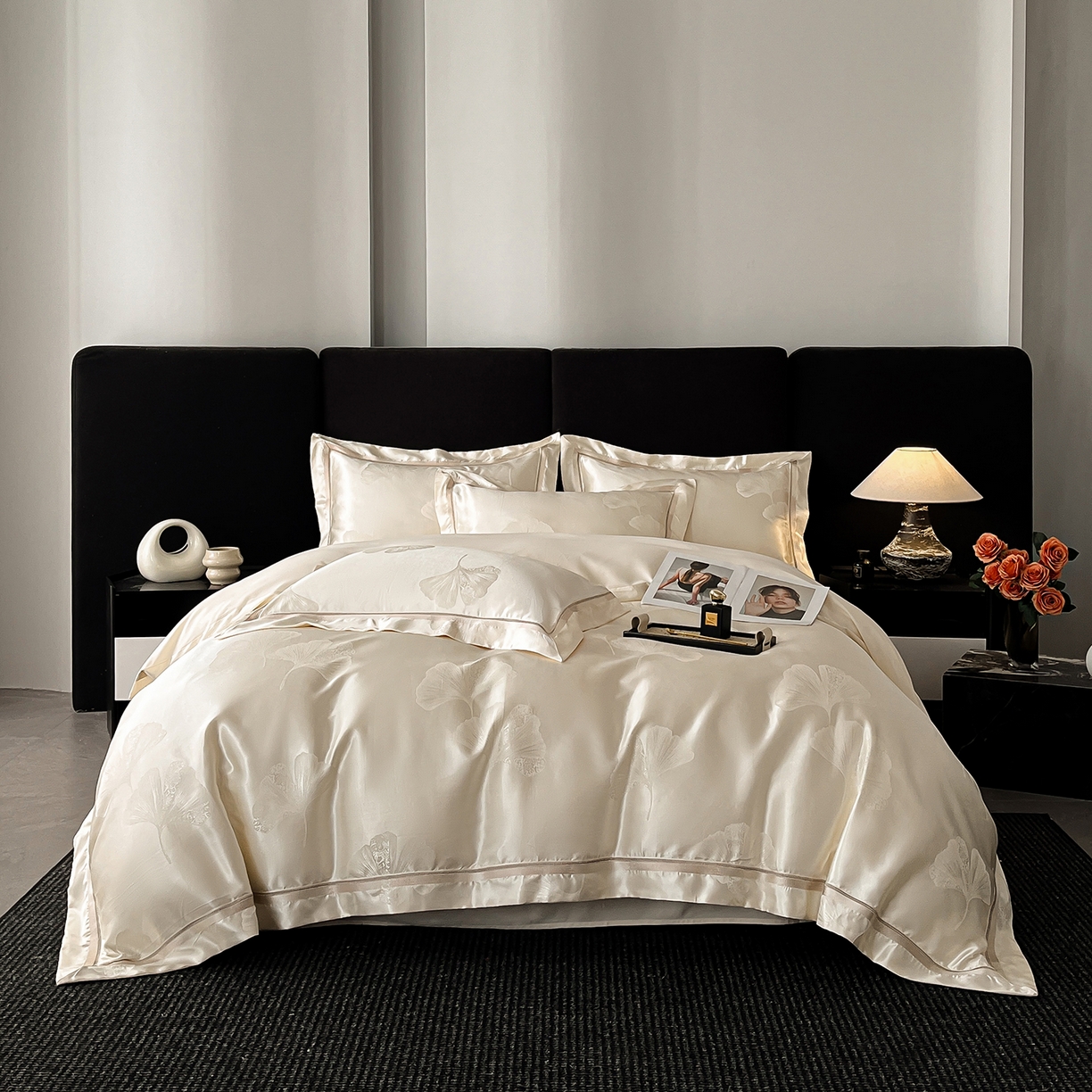 91家纺网 家纺一手货源 找家纺 置顶家纺 2026新款栀夏银杏叶亲肤提花刺绣四件套 栀夏-奶昔白