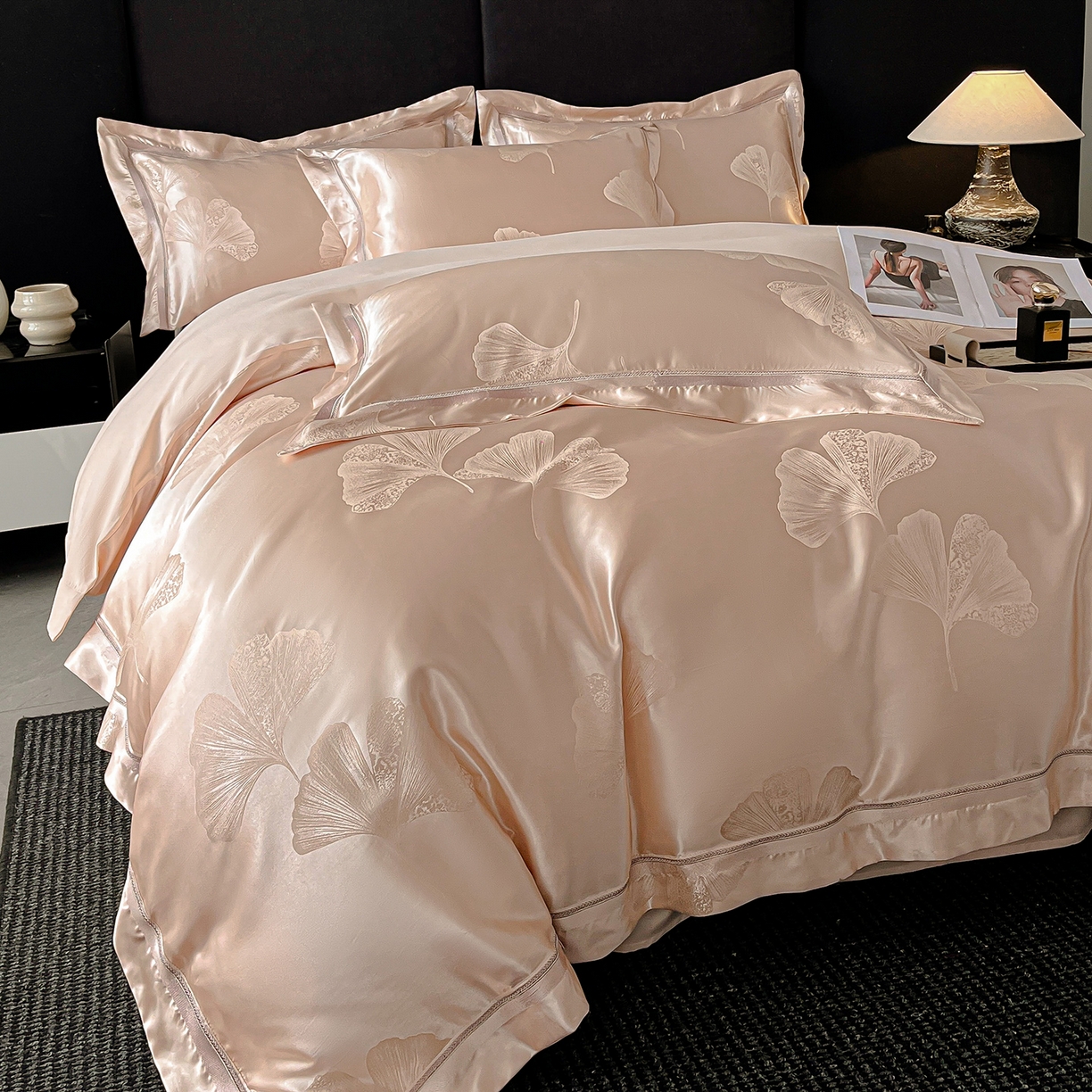 91家纺网 家纺一手货源 找家纺 置顶家纺 2026新款栀夏银杏叶亲肤提花刺绣四件套 栀夏-粉玉