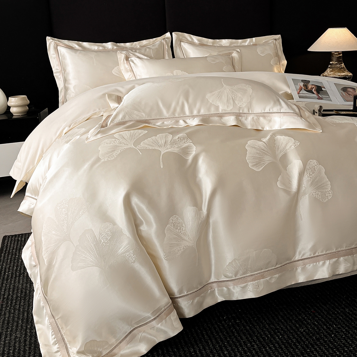 91家纺网 家纺一手货源 找家纺 置顶家纺 2026新款栀夏银杏叶亲肤提花刺绣四件套 栀夏-奶昔白