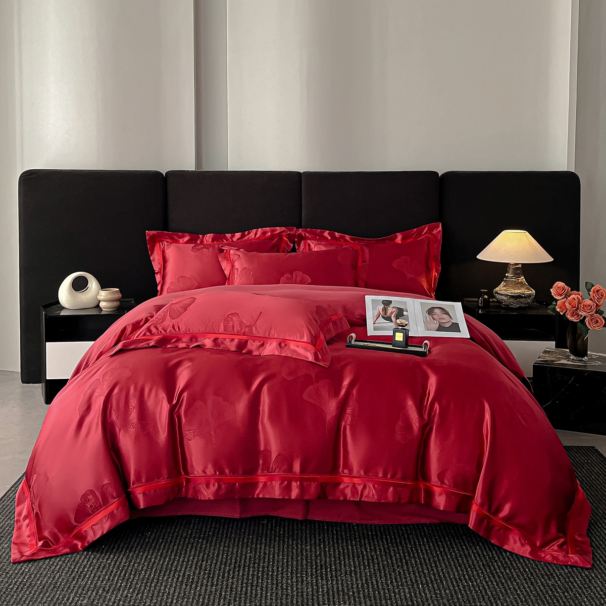 91家纺网 家纺一手货源 找家纺 置顶家纺 2026新款栀夏银杏叶亲肤提花刺绣四件套 栀夏-酒红