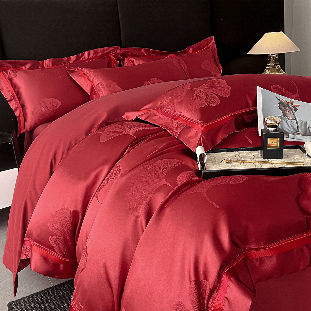 置顶家纺 2026新款栀夏银杏叶亲肤提花刺绣四件套 栀夏-酒红