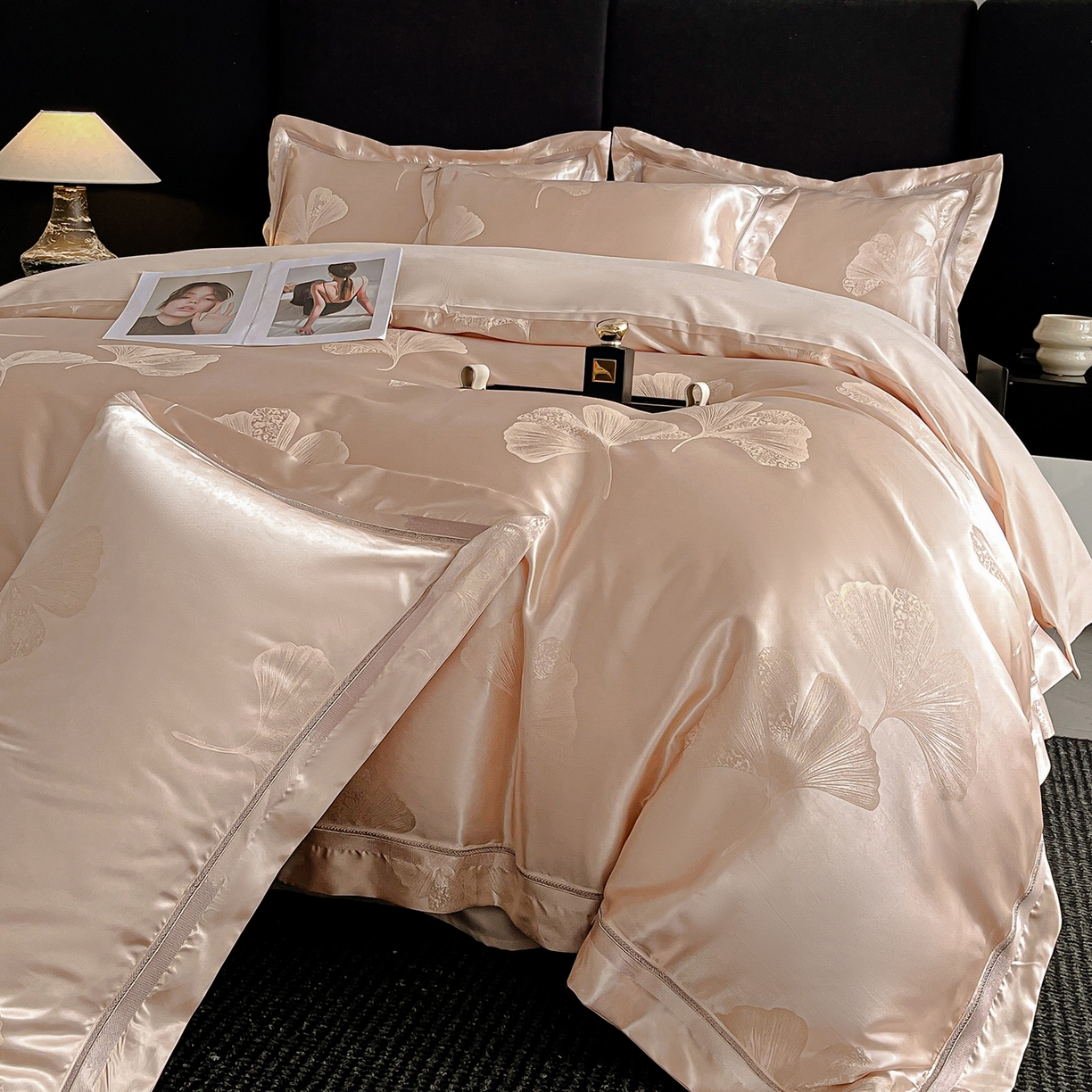 91家纺网 家纺一手货源 找家纺 置顶家纺 2026新款栀夏银杏叶亲肤提花刺绣四件套 栀夏-粉玉