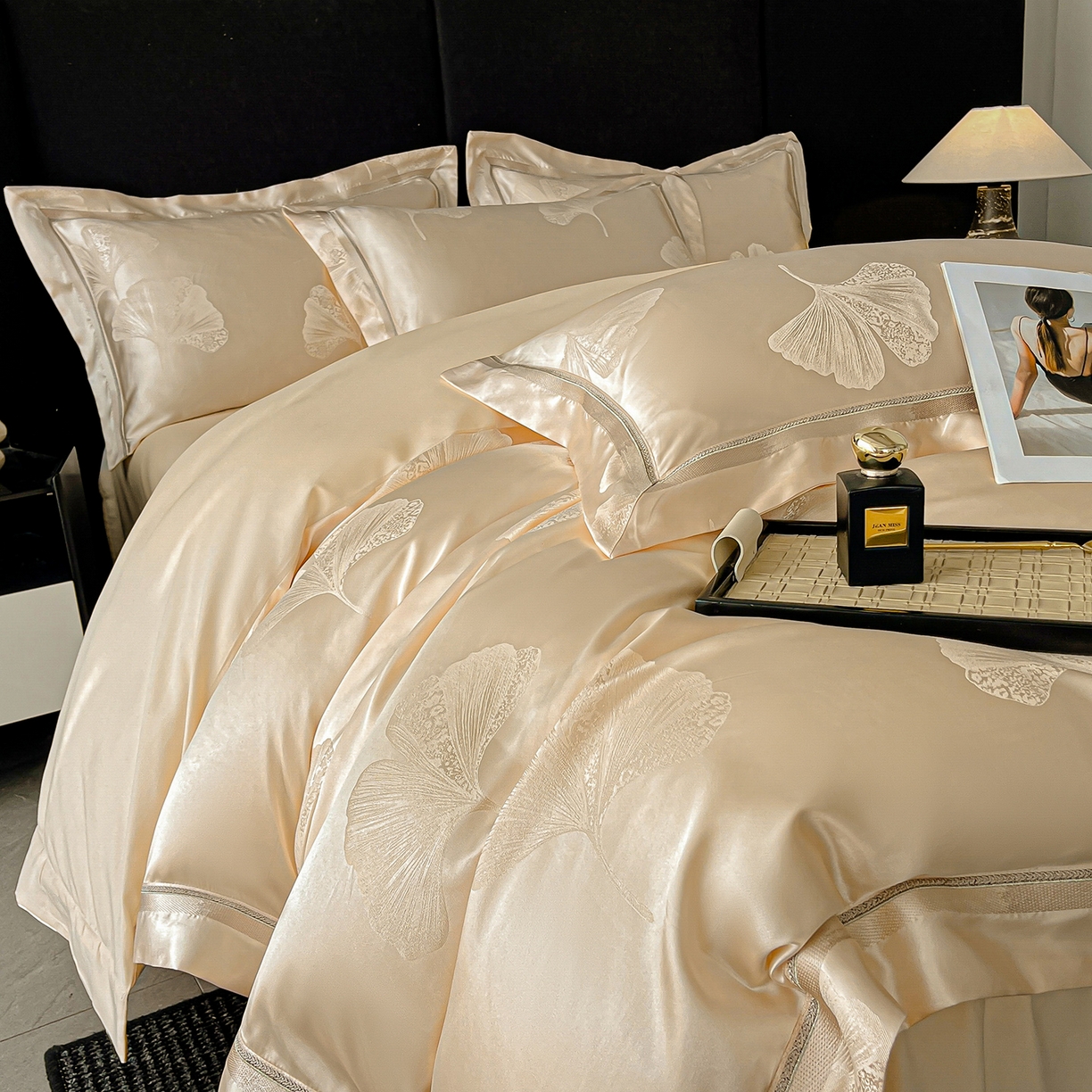 91家纺网 家纺一手货源 找家纺 （总）置顶家纺 2026新款栀夏银杏叶亲肤提花刺绣四件套