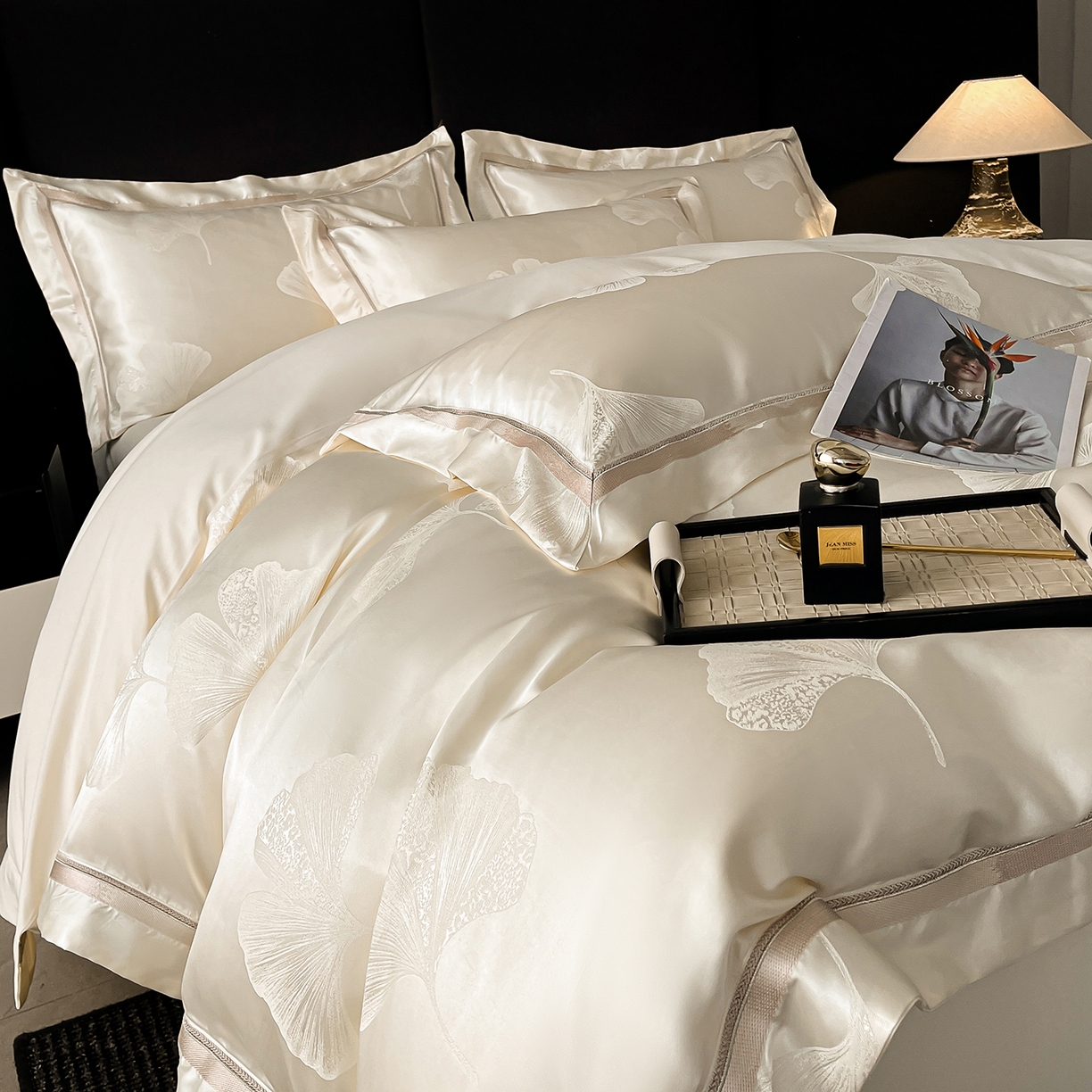 置顶家纺 2026新款栀夏银杏叶亲肤提花刺绣四件套 栀夏-奶昔白