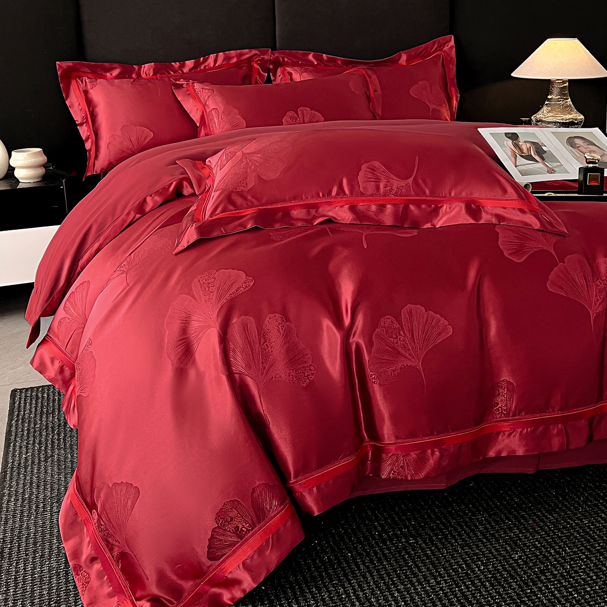 91家纺网 家纺一手货源 找家纺 置顶家纺 2026新款栀夏银杏叶亲肤提花刺绣四件套 栀夏-酒红