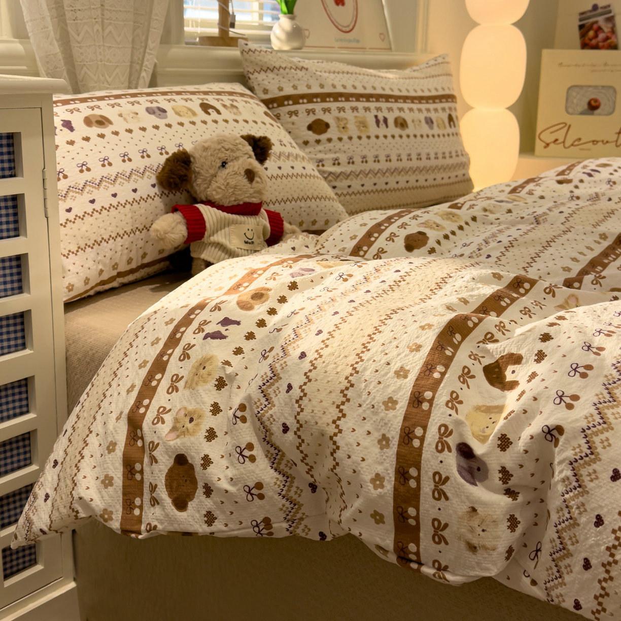 老K (原美阁） 2026新款费尔岛泡芙棉四件套简约款单被套四件套 甜心小狗