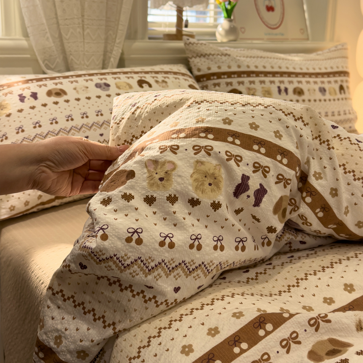 91家纺网 家纺一手货源 找家纺 老K (原美阁） 2026新款费尔岛泡芙棉四件套简约款单被套四件套 甜心小狗