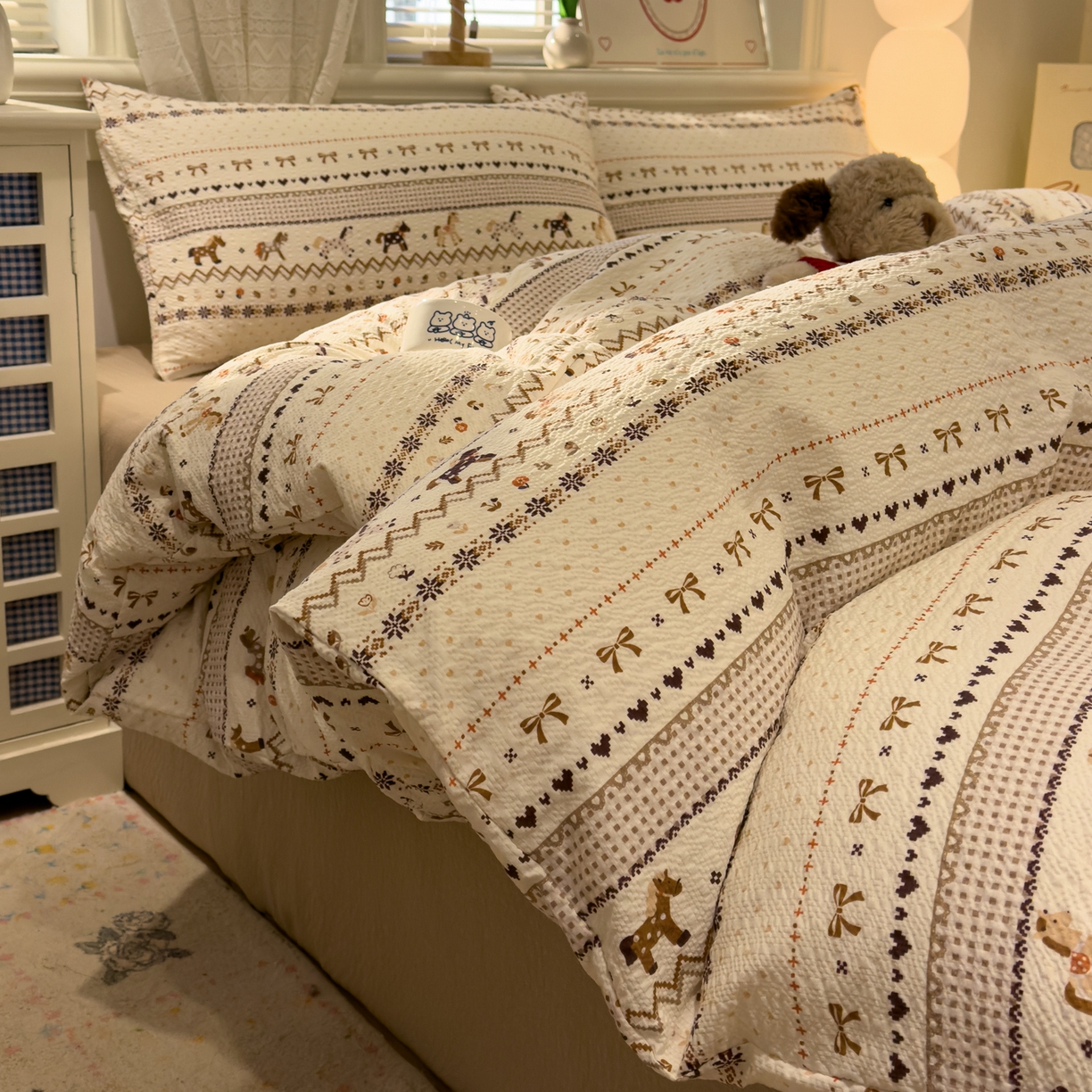 91家纺网 家纺一手货源 找家纺 老K (原美阁） 2026新款费尔岛泡芙棉四件套简约款单被套四件套 焦糖小森林