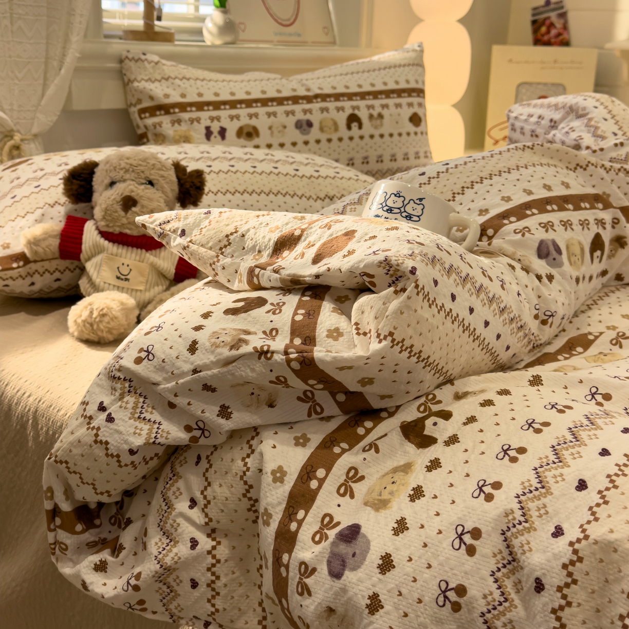 91家纺网 家纺一手货源 找家纺 老K (原美阁） 2026新款费尔岛泡芙棉四件套简约款单被套四件套 甜心小狗