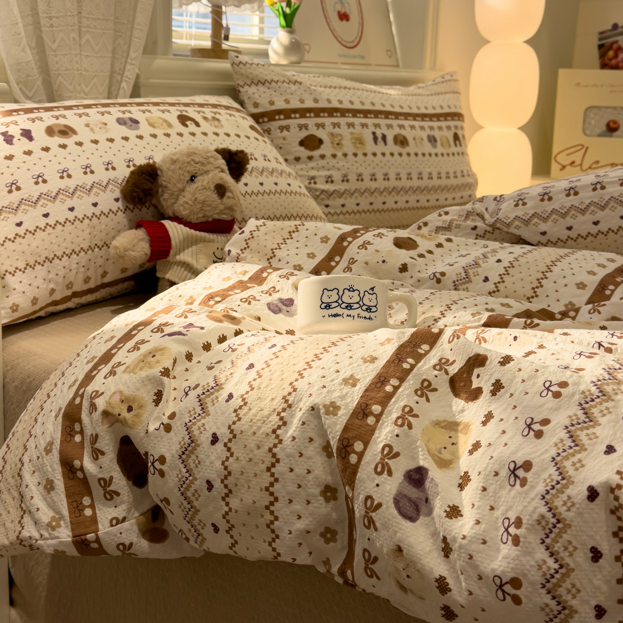 91家纺网 家纺一手货源 找家纺 老K (原美阁） 2026新款费尔岛泡芙棉四件套简约款单被套四件套 甜心小狗