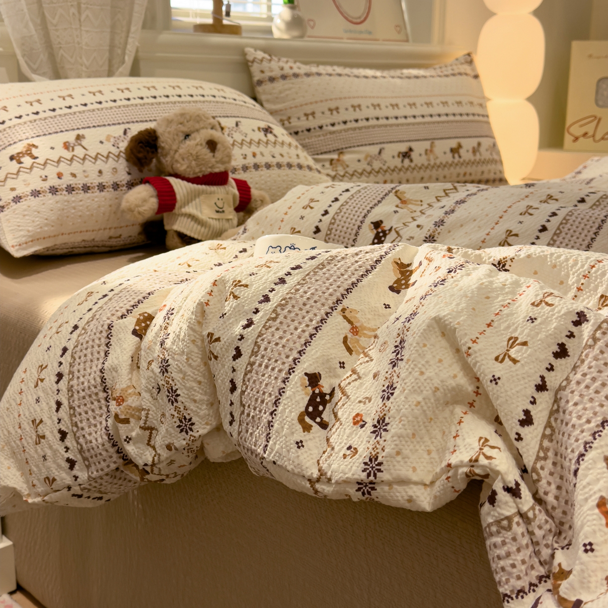 91家纺网 家纺一手货源 找家纺 老K (原美阁） 2026新款费尔岛泡芙棉四件套简约款单被套四件套 焦糖小森林