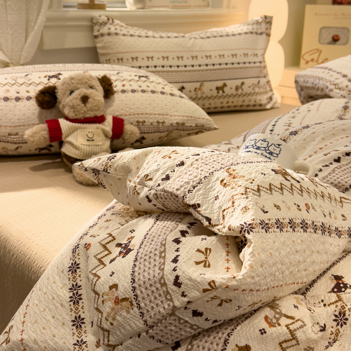 91家纺网 家纺一手货源 找家纺 老K (原美阁） 2026新款费尔岛泡芙棉四件套简约款单被套四件套 焦糖小森林