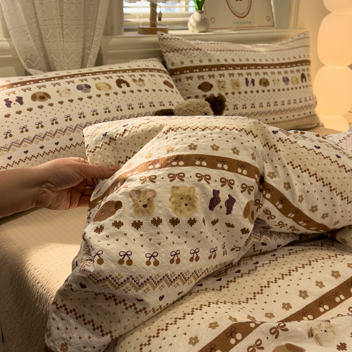 91家纺网 家纺一手货源 找家纺 老K (原美阁） 2026新款费尔岛泡芙棉四件套简约款单被套四件套 甜心小狗