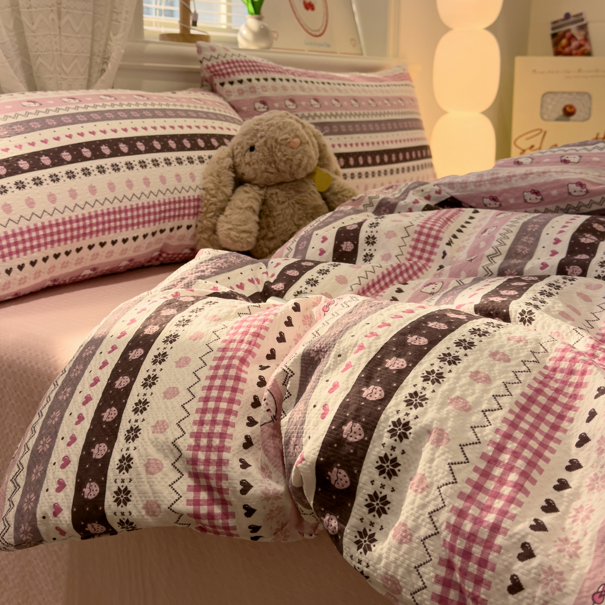 老K (原美阁） 2026新款费尔岛泡芙棉四件套简约款单被套四件套 甜心凯特粉