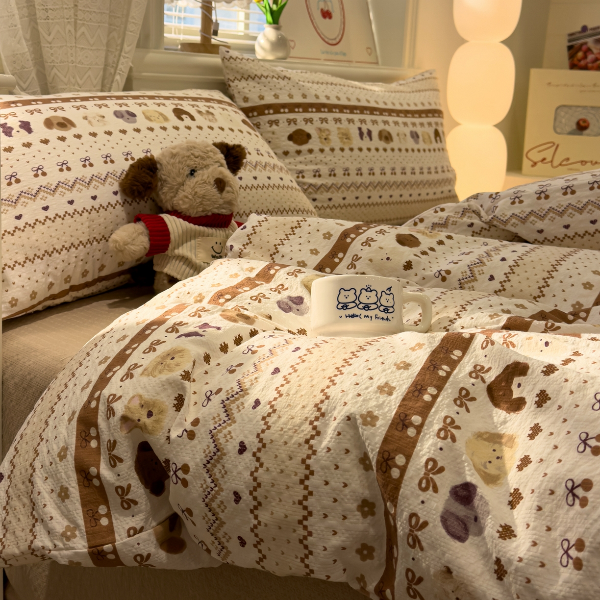 91家纺网 家纺一手货源 找家纺 老K (原美阁） 2026新款费尔岛泡芙棉四件套简约款单被套四件套 甜心小狗