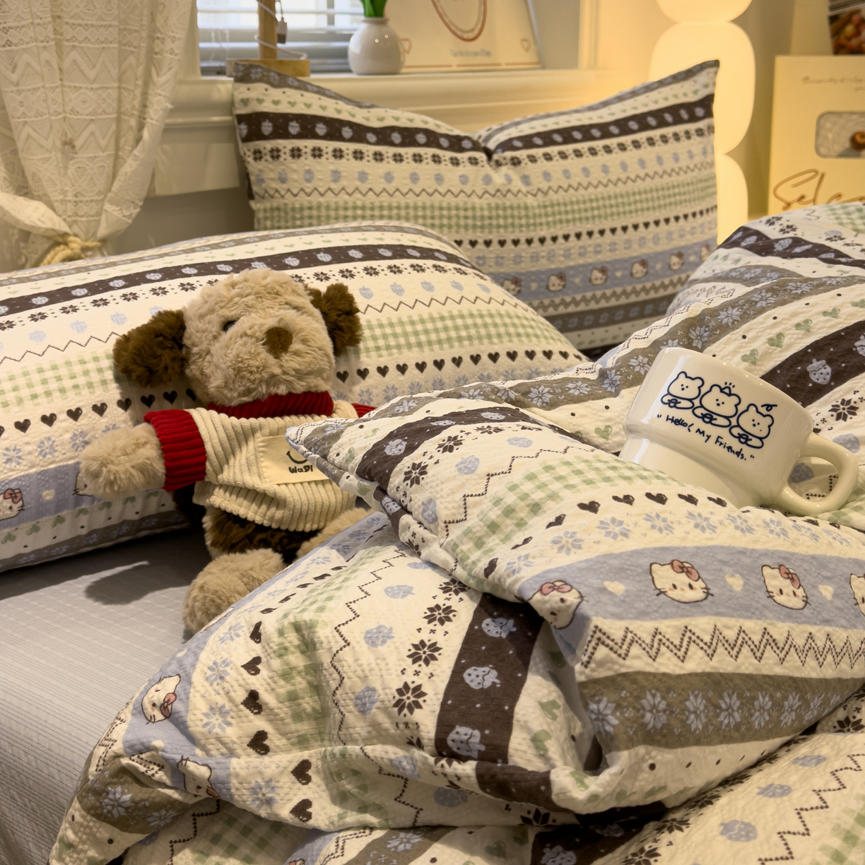 91家纺网 家纺一手货源 找家纺 老K (原美阁） 2026新款费尔岛泡芙棉四件套简约款单被套四件套 甜心凯特猫-蓝