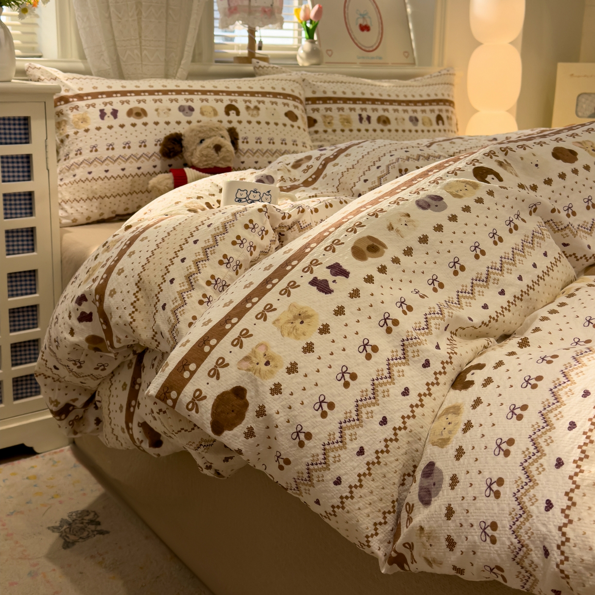 91家纺网 家纺一手货源 找家纺 老K (原美阁） 2026新款费尔岛泡芙棉四件套简约款单被套四件套 甜心小狗