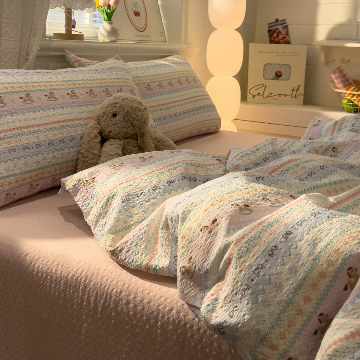 91家纺网 家纺一手货源 找家纺 老K (原美阁） 2026新款费尔岛泡芙棉四件套简约款单被套四件套 欢快小木马