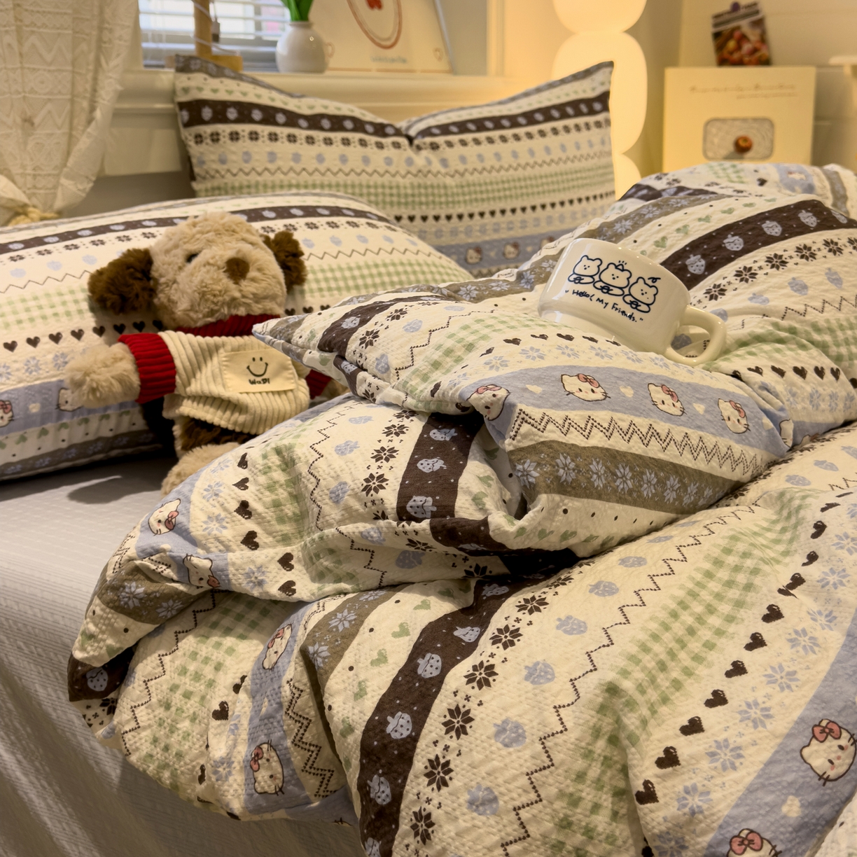 91家纺网 家纺一手货源 找家纺 老K (原美阁） 2026新款费尔岛泡芙棉四件套简约款单被套四件套 甜心凯特猫-蓝